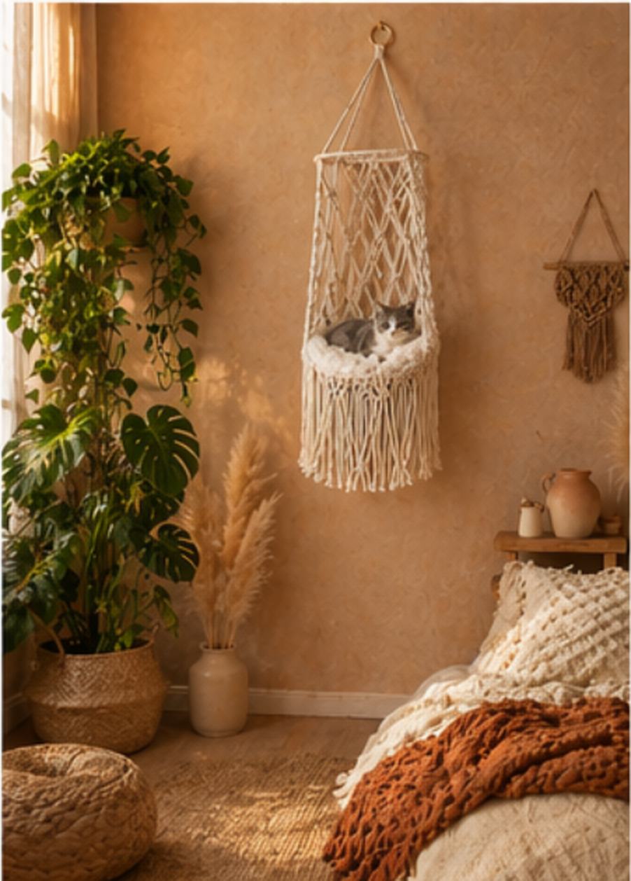 Gray and white cat resting in a cream cotton rope hanging hammock