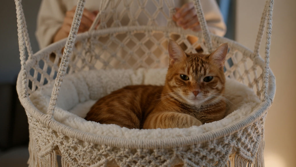 Orange tabby cat resting in a cream cotton rope hanging hammock